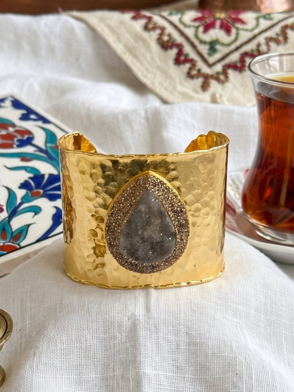 Wide Hammered Gold Cuff Bracelet Druzy Chalcedony Turkish Artisan Mob Wife 2.3"